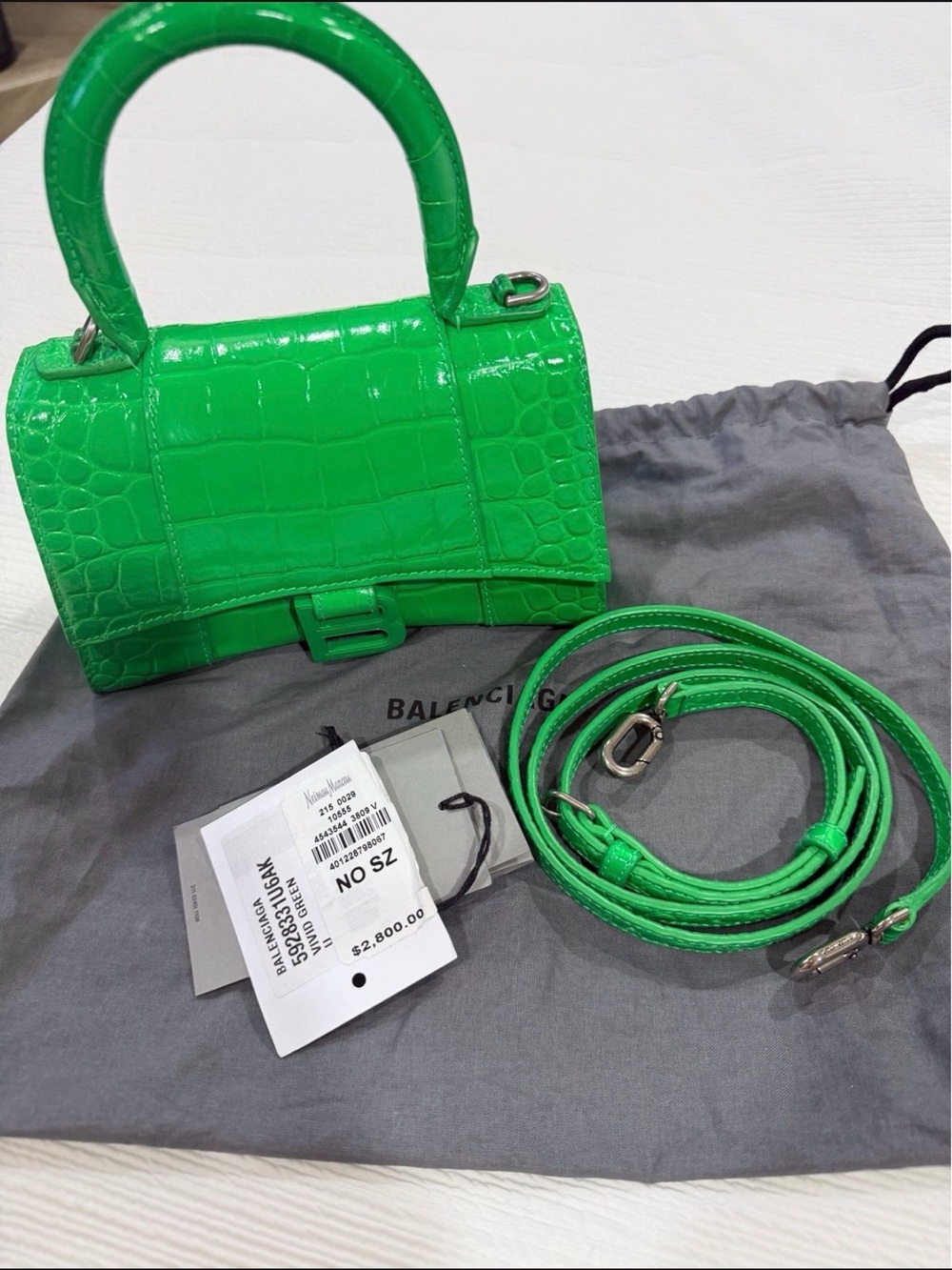 Balenciaga Neon Green Mini Croc Embossed Hourglass Top Handle Bag